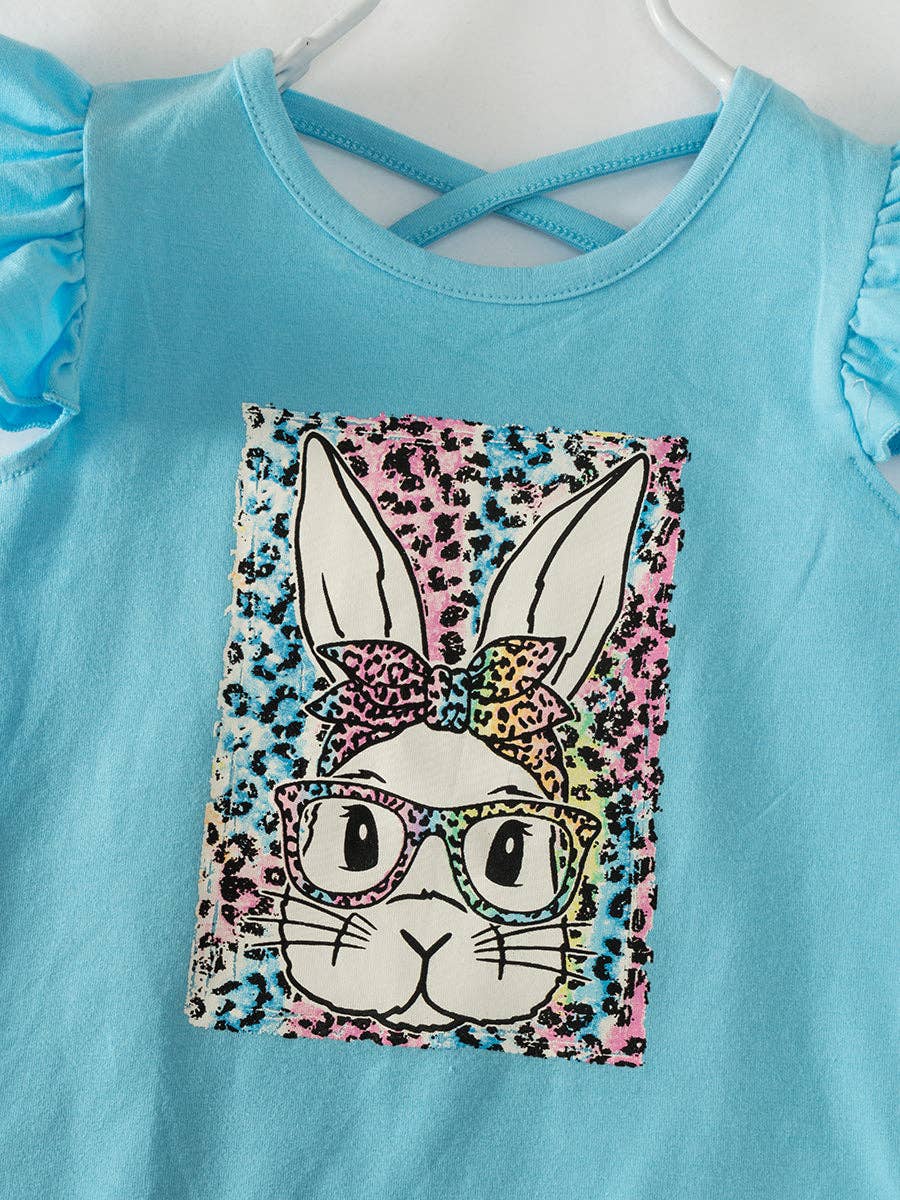Easter Blue Leopard Bunny Ruffle Girl Bell Bottom Outfit