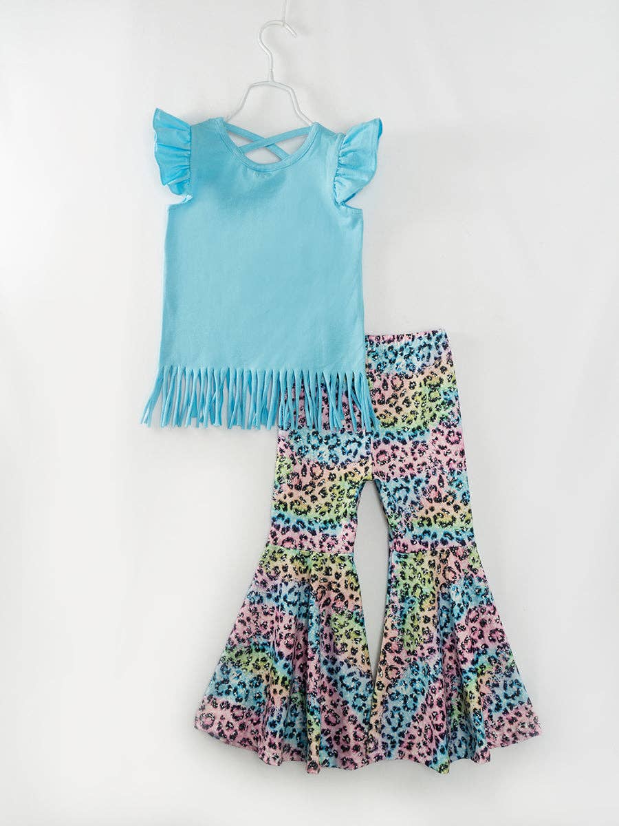 Easter Blue Leopard Bunny Ruffle Girl Bell Bottom Outfit