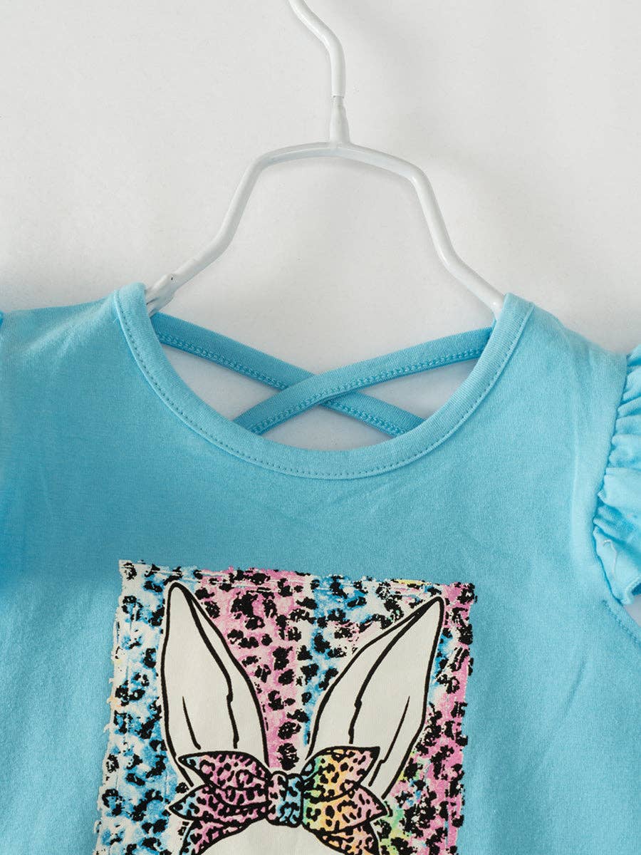 Easter Blue Leopard Bunny Ruffle Girl Bell Bottom Outfit