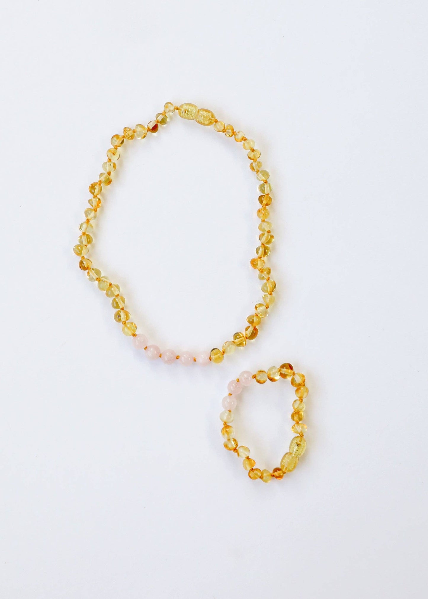 Polished Honey Baltic Amber + Pink Rose Quartz || Necklace