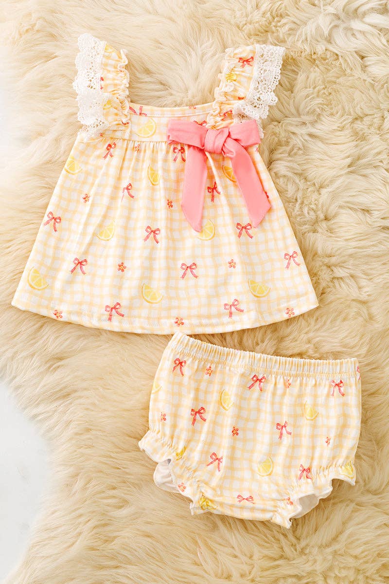 Yellow wavy gingham top & bloomers with lemon print. RPG63459 AMY