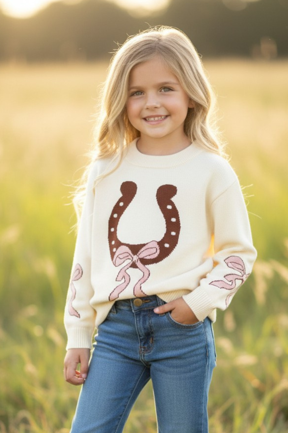 Horseshoe knit sweater w/ pink bow on sleeves. TPG60533 JEAN