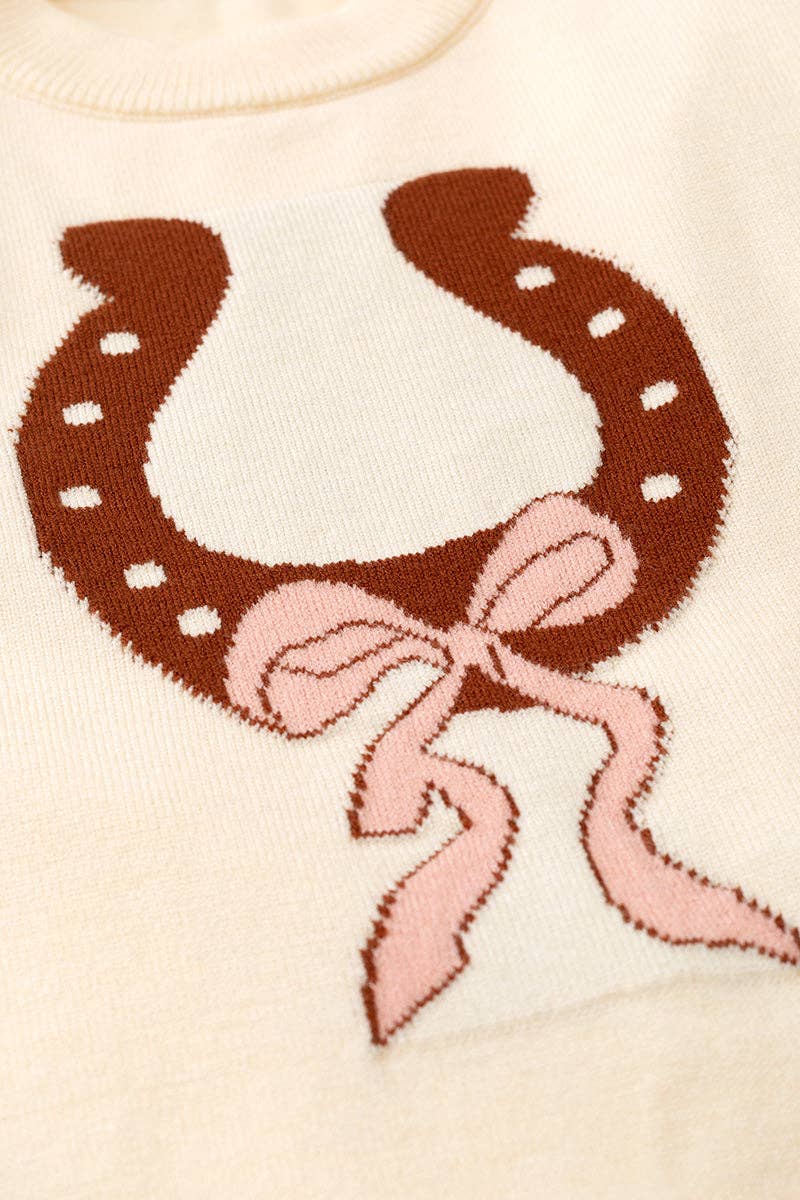 Horseshoe knit sweater w/ pink bow on sleeves. TPG60533 JEAN
