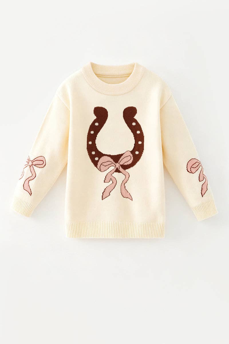 Horseshoe knit sweater w/ pink bow on sleeves. TPG60533 JEAN