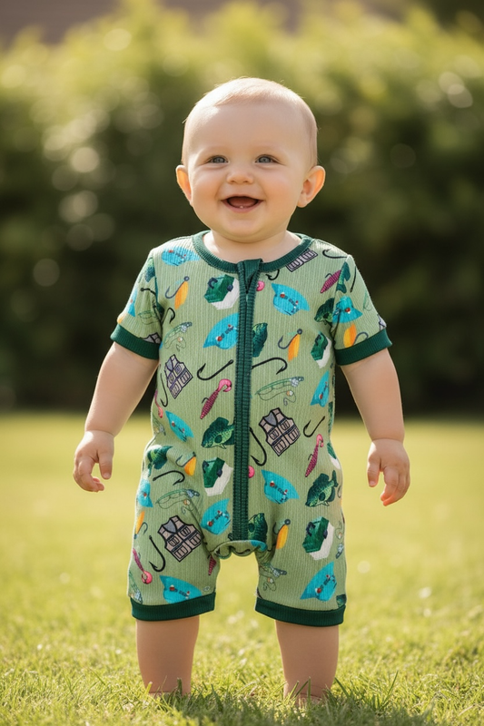 Green gone fishing printed baby romper. RPB60249 JEAN