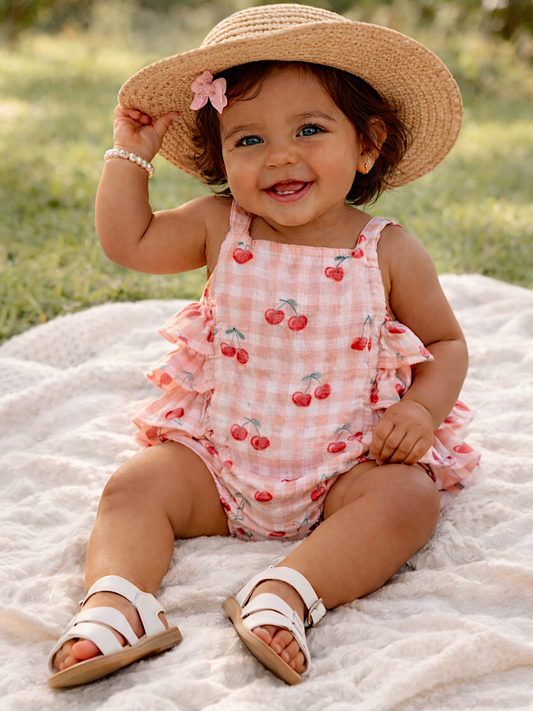 Gingham Cherries / Muslin Ruffle Sunsuit