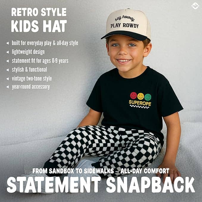 Kids/Baby 2-Tone Cap: Say Howdy Play Rowdy - Black/Beige