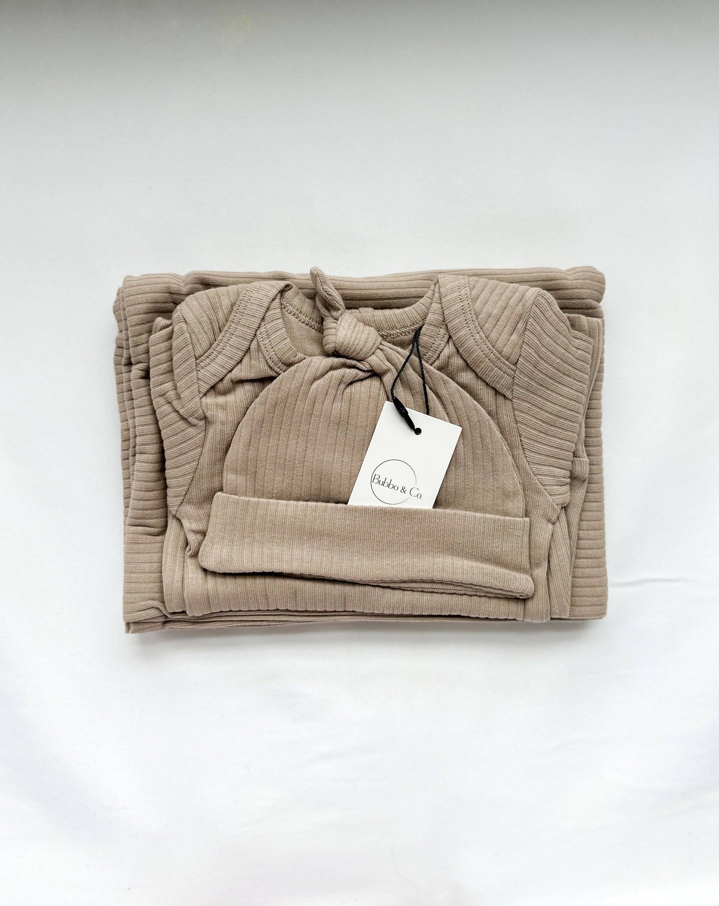 Organic newborn going home ribbed set - taupe