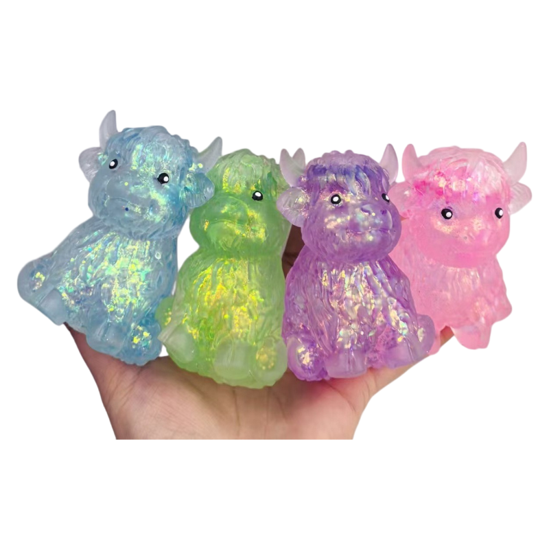 Highland Cow Squishy Toy Tie Dye Glitter Solid Color Slow Rising Stress Relief Squeeze Toy