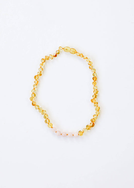 Polished Honey Baltic Amber + Pink Rose Quartz || Necklace
