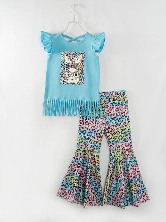 Easter Blue Leopard Bunny Ruffle Girl Bell Bottom Outfit